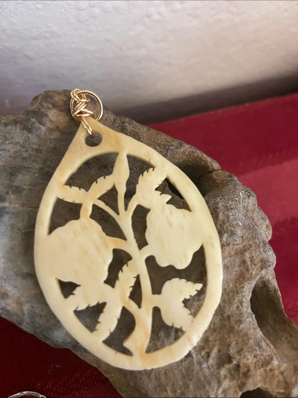 Vintage Hand Carved Bovine Bone Teardrop Art Nouveau Pendant